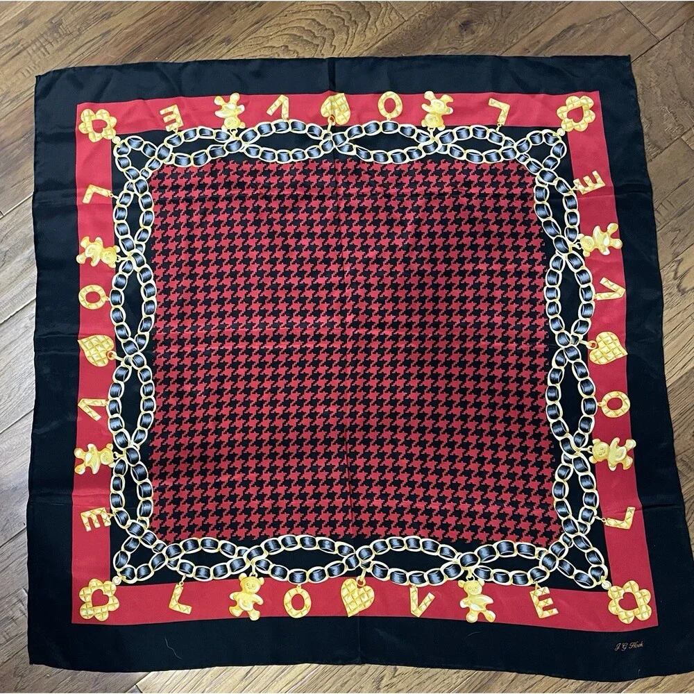 JG Hook vintage silk square scarf red black houndstooth chain link 32
